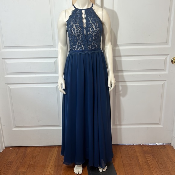 CHRISTINA WU HALTER NECK LACE CHIFFON BRIDSMADE LONG DRESS NAVY BLUE BRAS SIZE 2 - Picture 3 of 15